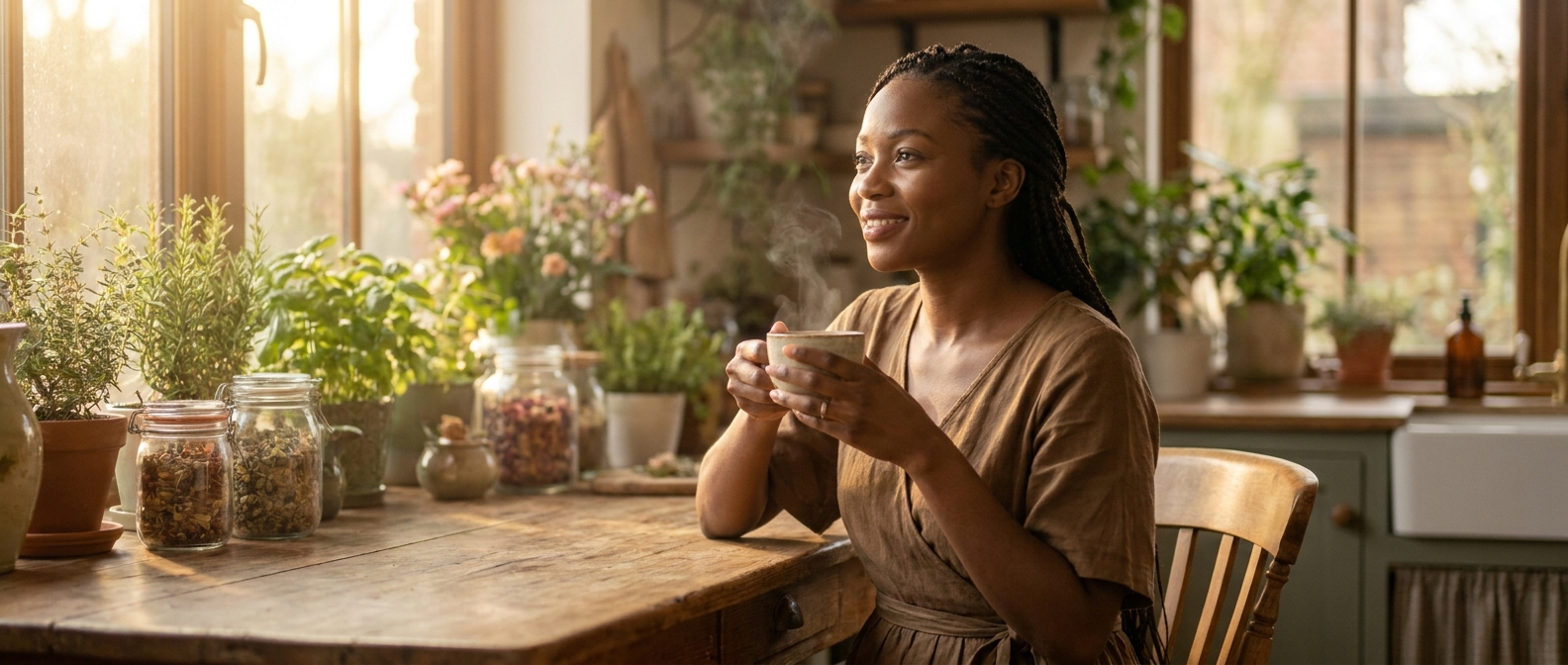 Nigerian woman peacefully enjoying WellMark Womb Care Herbal Tea